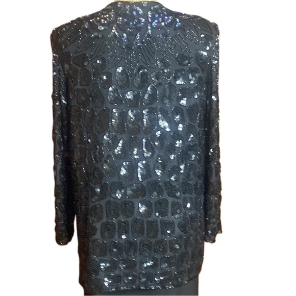 VNTG 60s Mark & John by Gopal Black n opalescent Sequin Beaded Silk Jacket Sz L - Picture 3 of 16